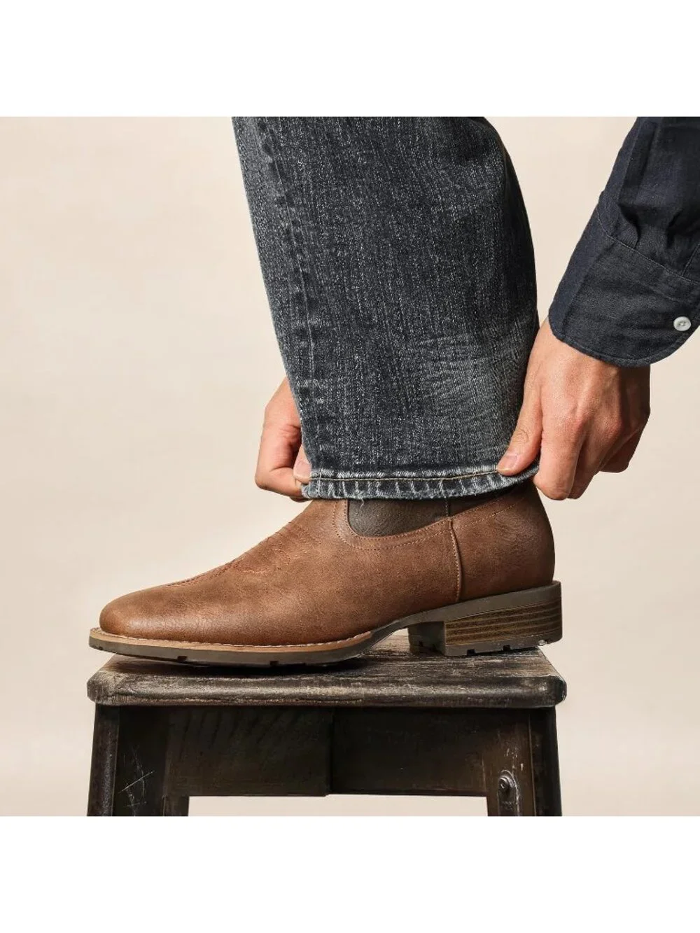 Men's Brown Faux Leather Slip on Square Toe with Classic Embroidered Cowboy Boot